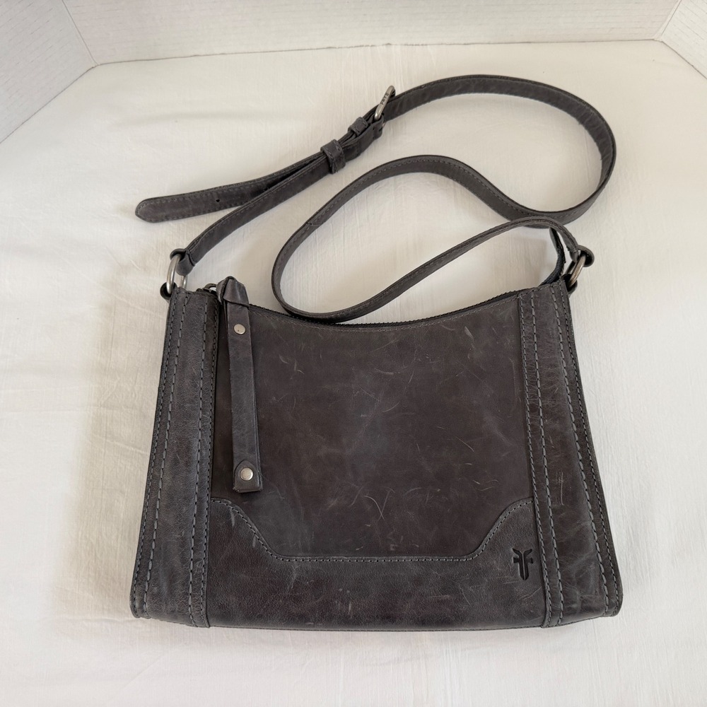 Frye MELISSA Crossbody Distressed Grey Carbon Adjustable Strap Zip Top